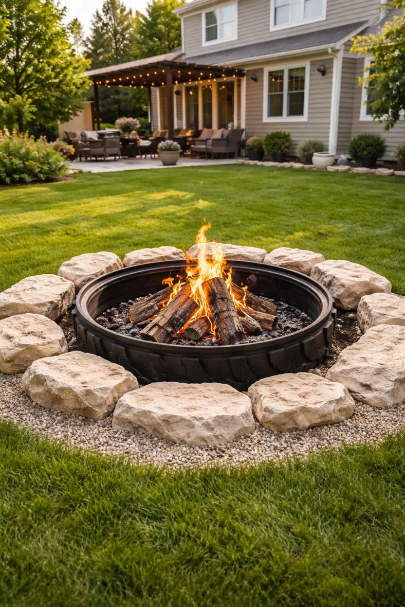 A realistic photo of an American home's backyard with a circular fire pit made from a large black tractor tire rim, partially buried in the ground and surrounded by beige limestone rocks and green lawn.