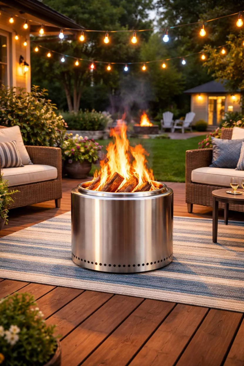 A realistic photo of an American home's backyard featuring a shiny silver stainless steel smokeless fire pit on a wooden deck, with bright flames and minimal smoke, surrounded by colorful outdoor string lights.