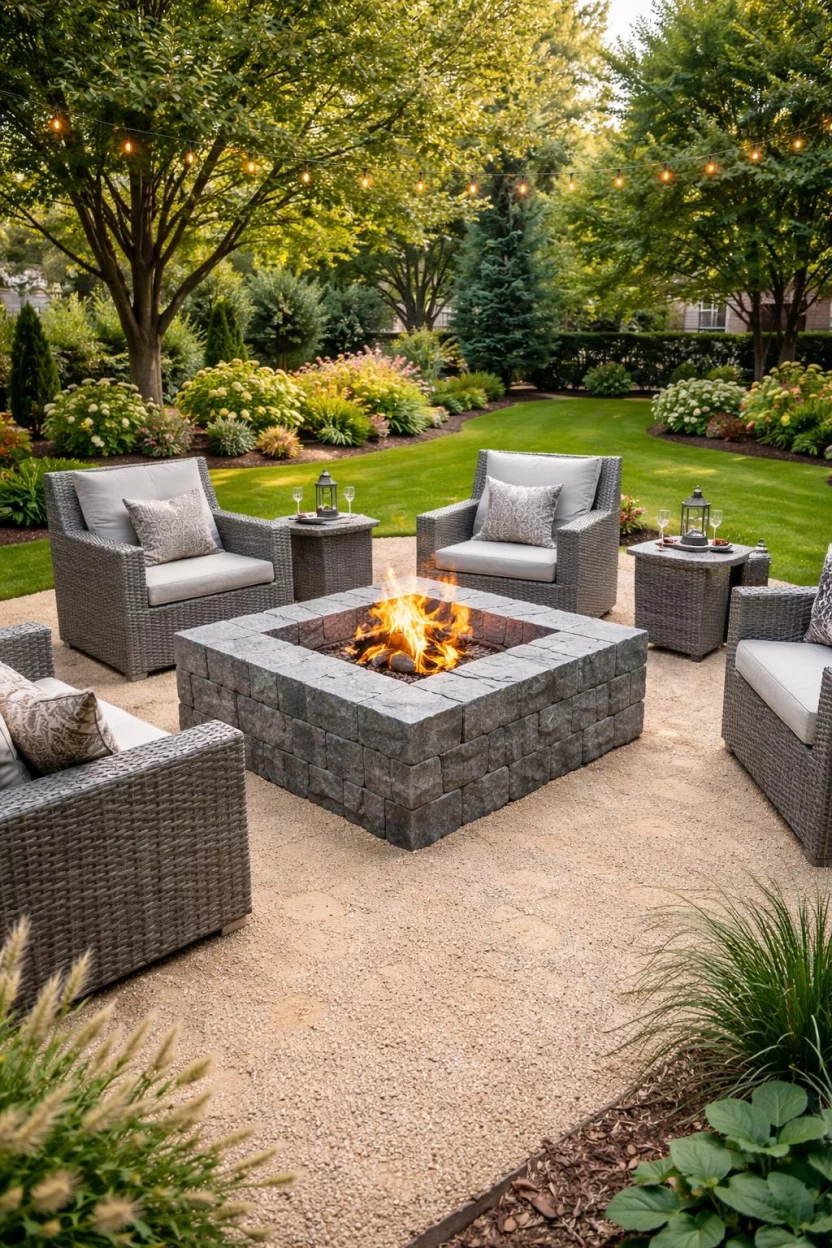 A realistic photo of an American home's backyard with a square fire pit made of dark grey granite cobblestones, standing on a bed of tan sand with several grey woven wicker outdoor chairs.