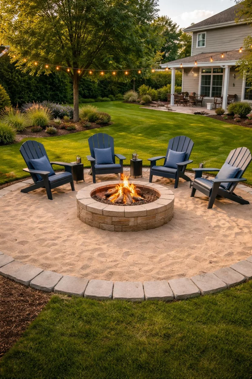 A realistic photo of an American home's backyard with a simple fire pit ring made of light tan bricks, sitting in the middle of a large circular sand pit with navy blue lawn chairs.