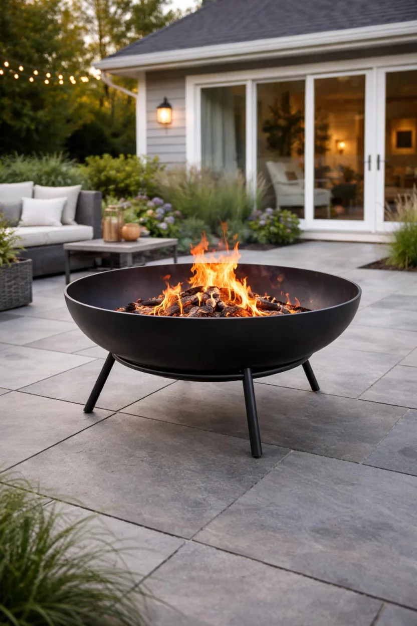 A realistic photo of an American home's backyard with a sleek black heavy duty steel fire bowl resting on a minimalist tripod stand, positioned on a patio of large square grey slate tiles with glowing amber embers inside.