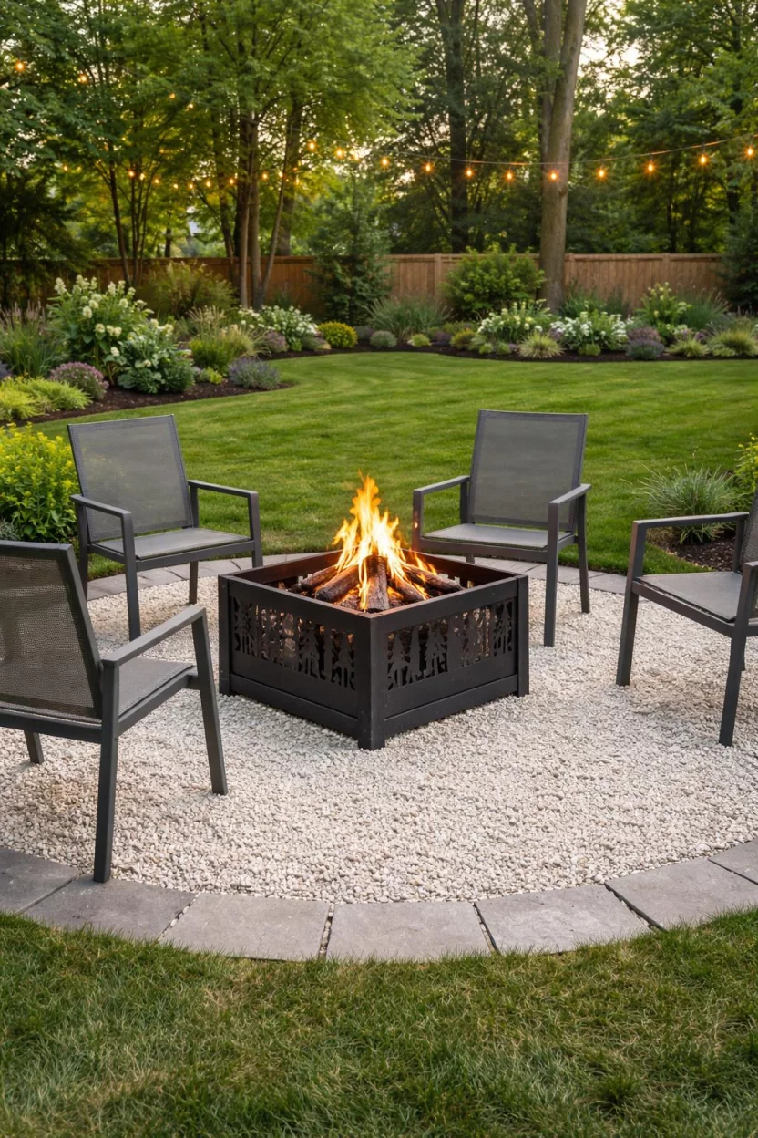 A realistic photo of an American home's backyard showing a boxy black steel fire pit with decorative side cutouts, sitting on a circular area of white gravel with grey metal chairs.