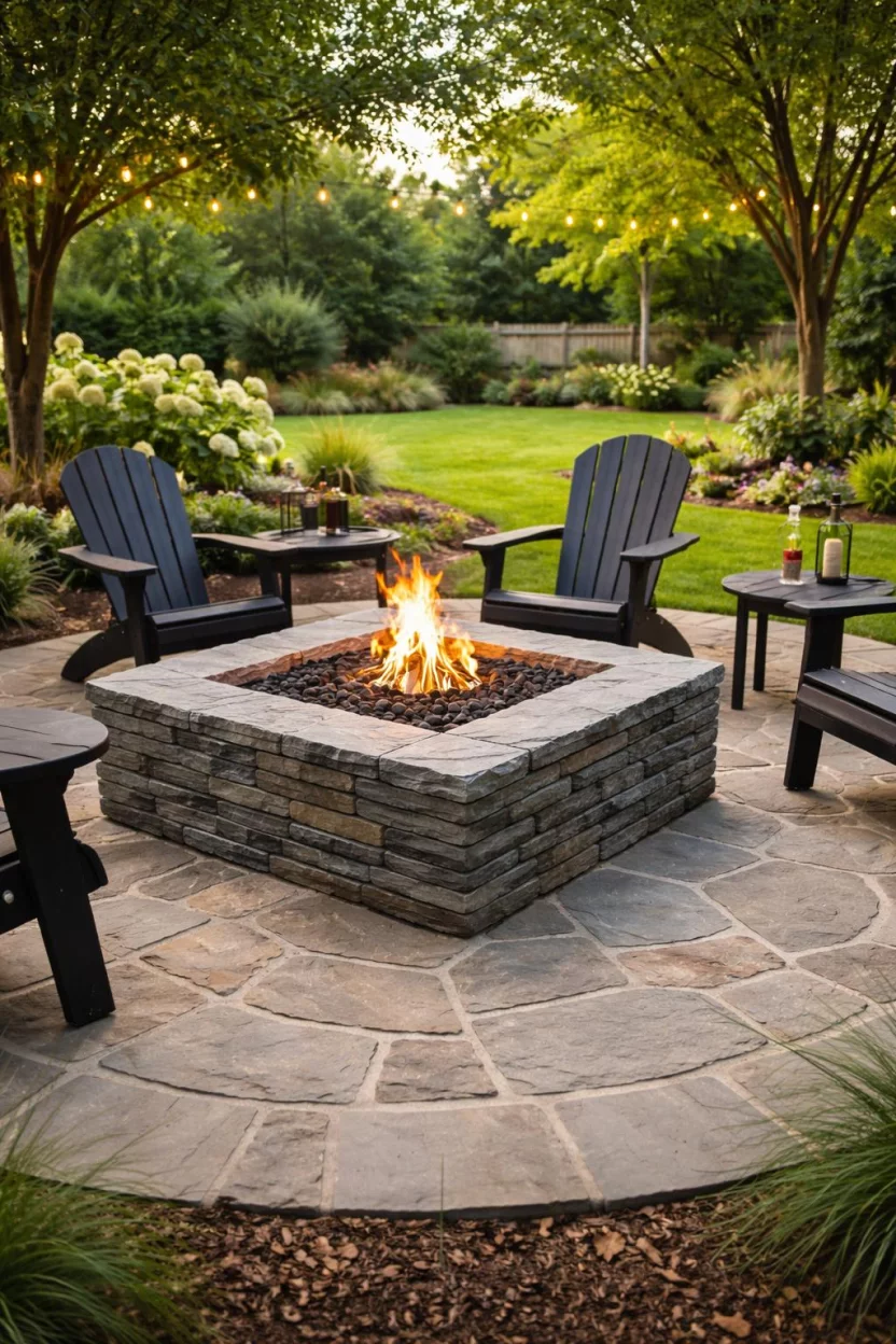 A realistic photo of an American home's backyard with a square fire pit made from stacked flat grey slate slabs, sitting on a circular patio of flagstone with black metal Adirondack chairs nearby.