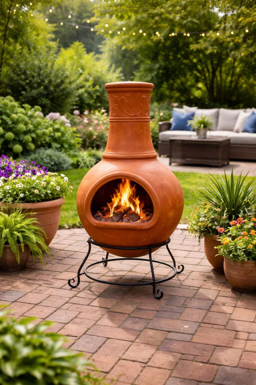 A realistic photo of an American home's backyard with a traditional orange terra cotta chiminea on a black iron stand, located on a brick patio with lush green potted plants around it.