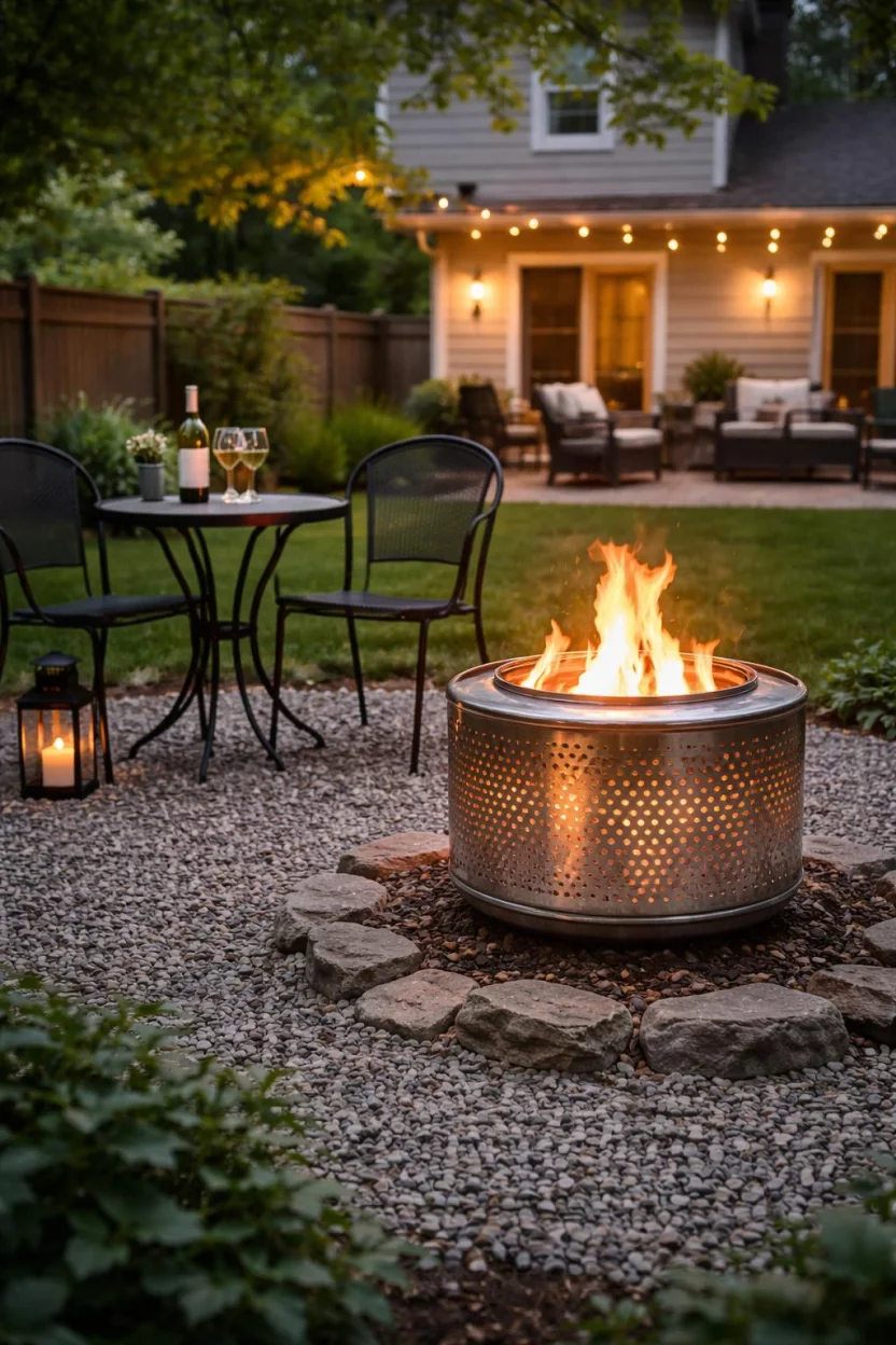 A realistic photo of an American home's backyard featuring a creative fire pit made from a stainless steel washing machine drum with tiny light holes, glowing brightly on a gravel patch near a black metal bistro set.
