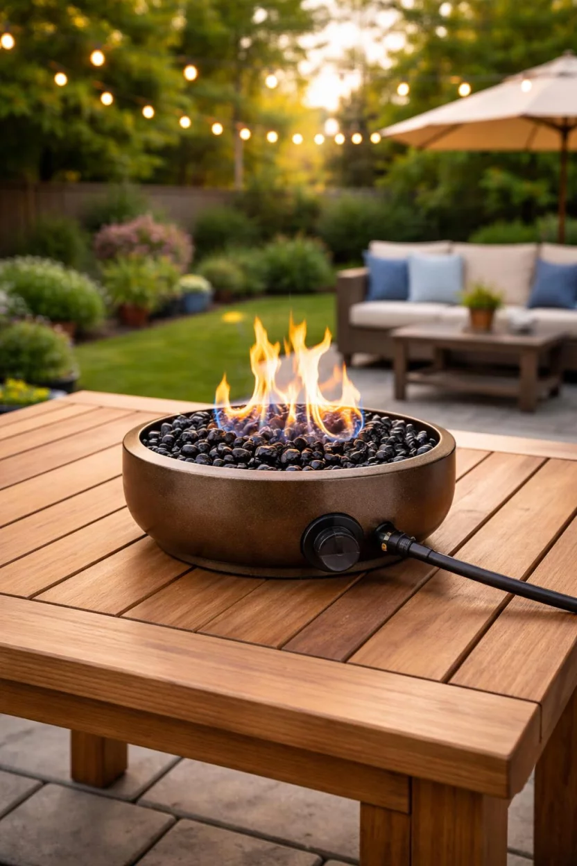 A realistic photo of an American home's backyard showing a small portable bronze propane fire bowl sitting on a cedar wood patio table, flickering with blue and orange flames over black volcanic glass rocks.