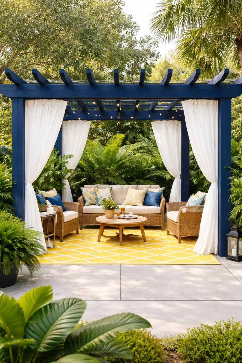 A realistic photo of an American home's backyard showcasing a wooden pergola painted a vibrant navy blue, contrasting white outdoor curtains billowing on the sides, a bright yellow rug on the patio, and lush green tropical ferns in the background.
