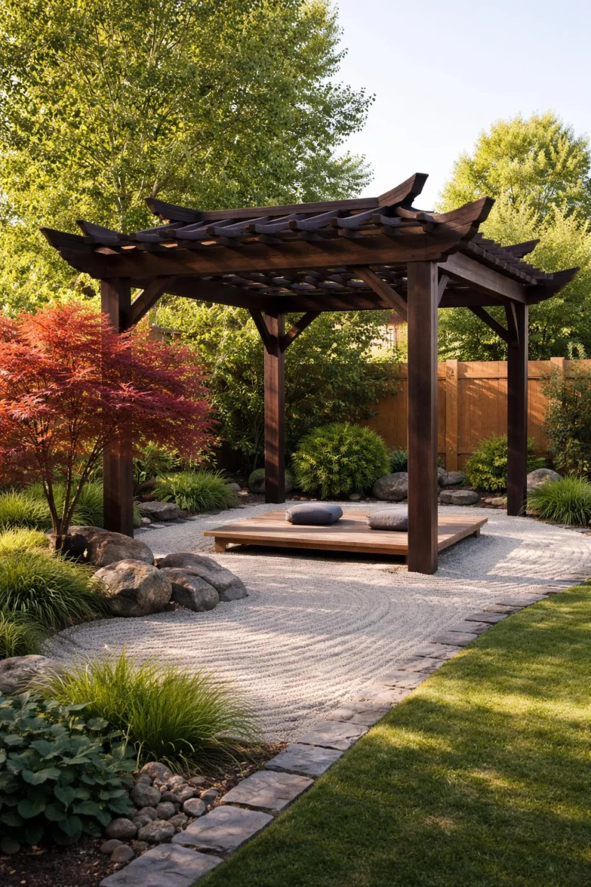 A realistic photo of an American home's backyard featuring a dark stained wood pergola with upturned beam ends in a pagoda style, a raked gravel sand pit below, a single Japanese maple tree nearby, and a low wooden platform for meditation.