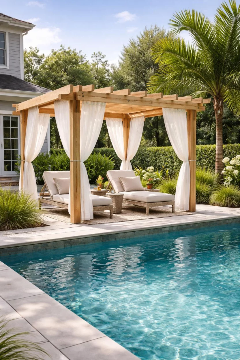 A realistic photo of an American home's backyard with a light wood pergola sitting at the edge of a sparkling blue swimming pool, flowing white sheer curtains tied to the posts, luxury lounge chairs underneath, and a palm tree nearby.