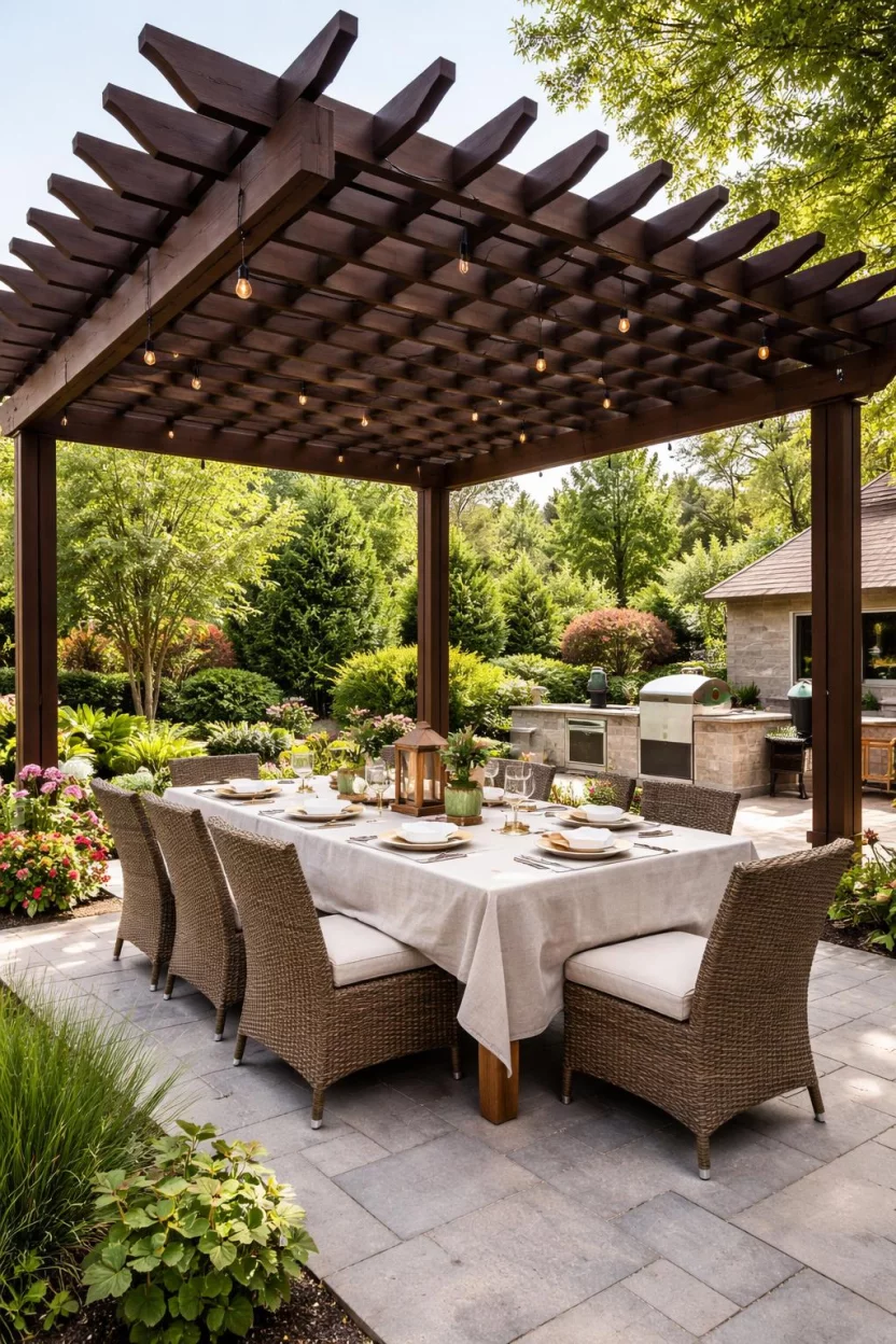 A realistic photo of an American home's backyard featuring a pergola with two thick layers of overlapping crossbeams, creating a dense grid pattern for extra shade, dark brown wood stains, and a large dining table with a linen tablecloth.