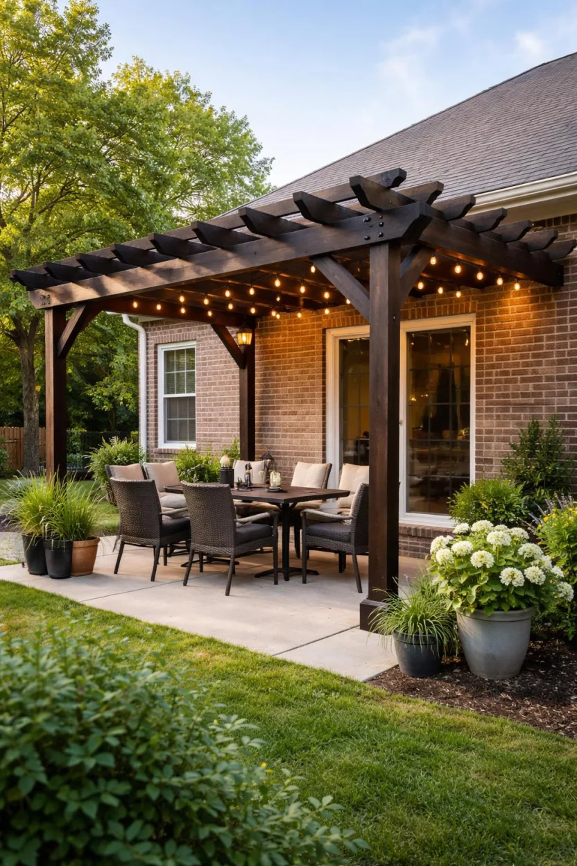 A realistic photo of an American home's backyard showing a semi detached dark wood pergola attached directly to the brick siding of a house, extending over a small concrete patio with a cozy outdoor dining set and string lights hanging from the crossbeams.