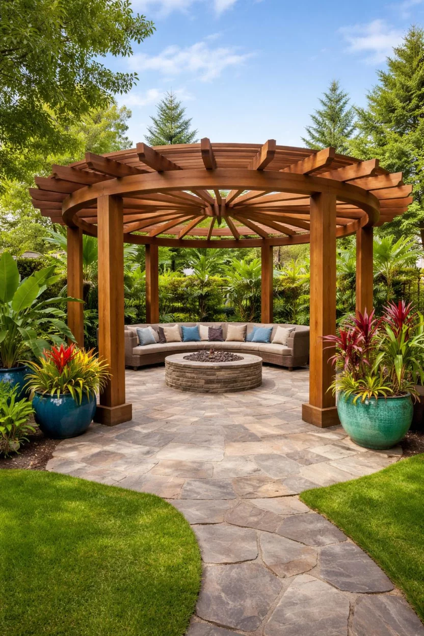 A realistic photo of an American home's backyard showcasing a round wooden pergola with eight support posts, a spoke-and-wheel roof design, a circular stone seating area in the center, and lush tropical plants surrounding the perimeter in large ceramic pots.