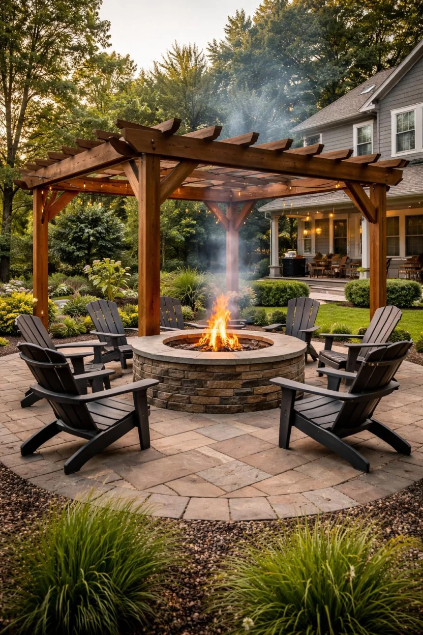 A realistic photo of an American home's backyard with a square pergola positioned directly over a large stone fire pit, Adirondack chairs arranged in a circle, smoke rising through the open rafters, and safe distances between the wood beams and the flames.