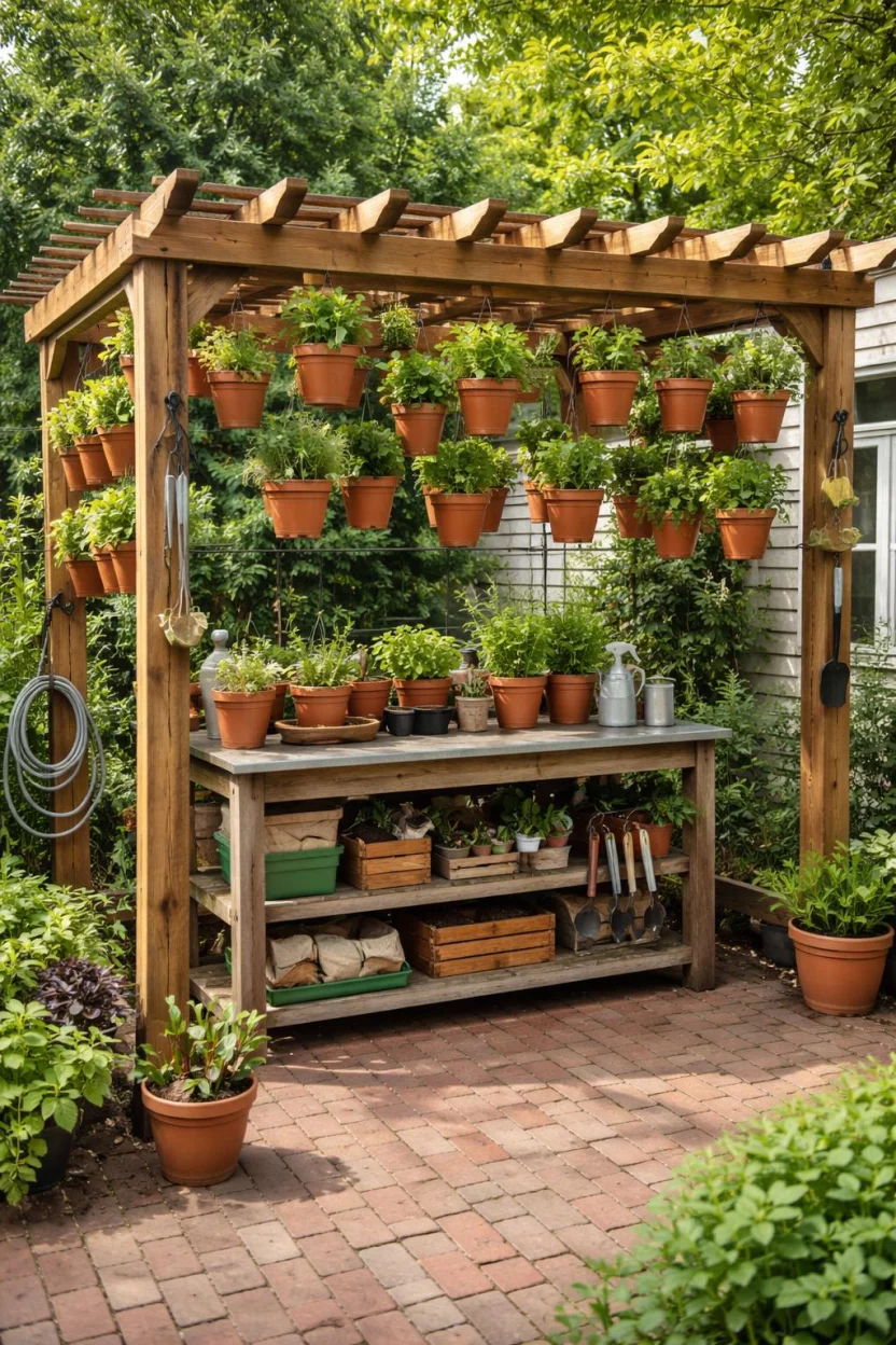 A realistic photo of an American home's backyard showing a small wooden pergola with dozens of hanging terracotta pots filled with green herbs, a potting bench underneath, a brick floor, and various gardening tools hanging neatly from the side posts.