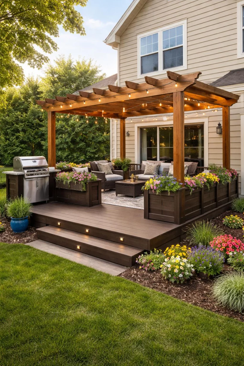 A realistic photo of an American home's backyard featuring a short wooden pergola built directly onto a raised dark wood deck, integrated flower boxes on the railings, a gas grill station on one side, and a string of Edison bulbs across the top.