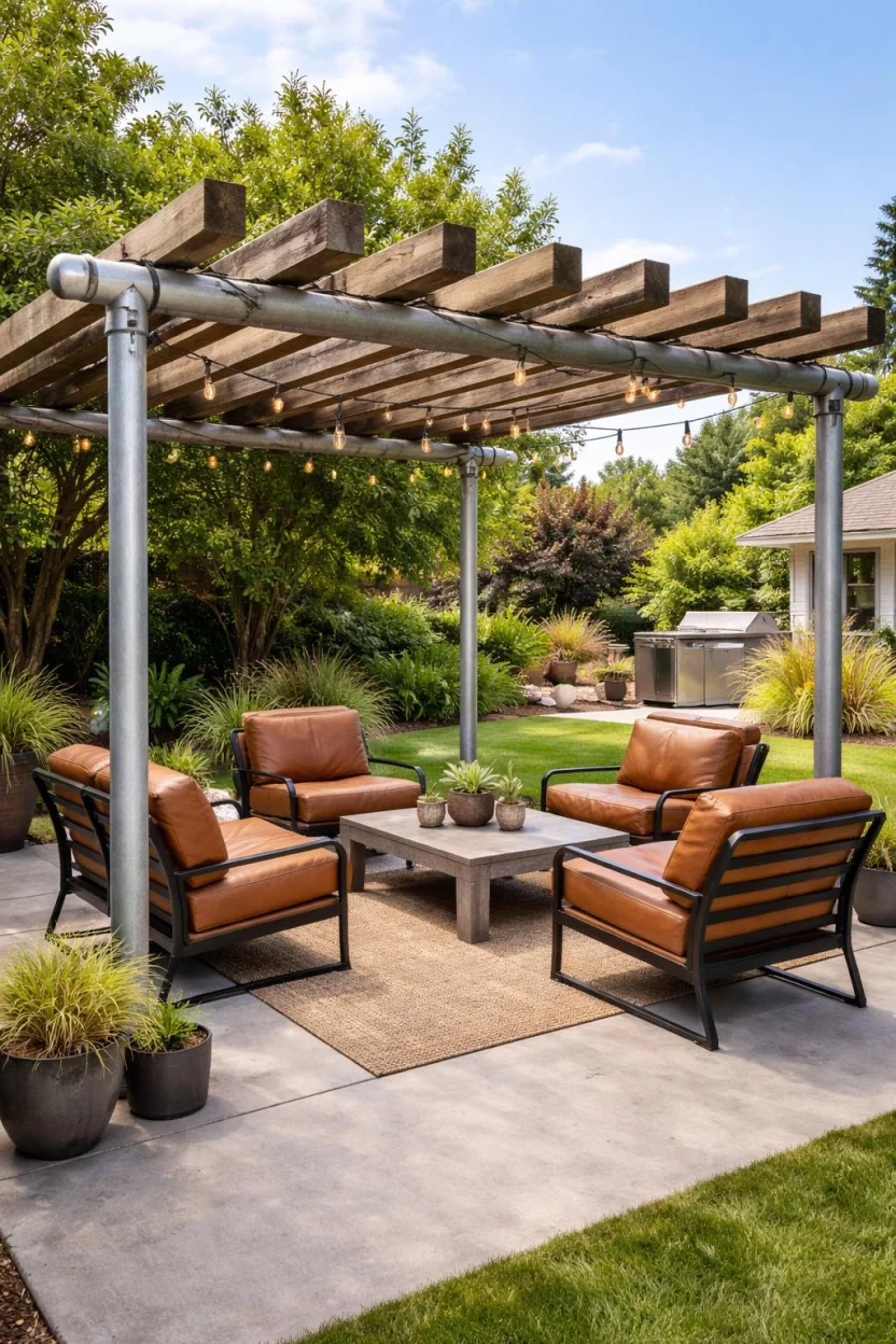 A realistic photo of an American home's backyard featuring a pergola made with thick galvanized steel plumbing pipes as posts and rough-hewn reclaimed wood planks as rafters, a concrete patio base, and rugged leather outdoor chairs.
