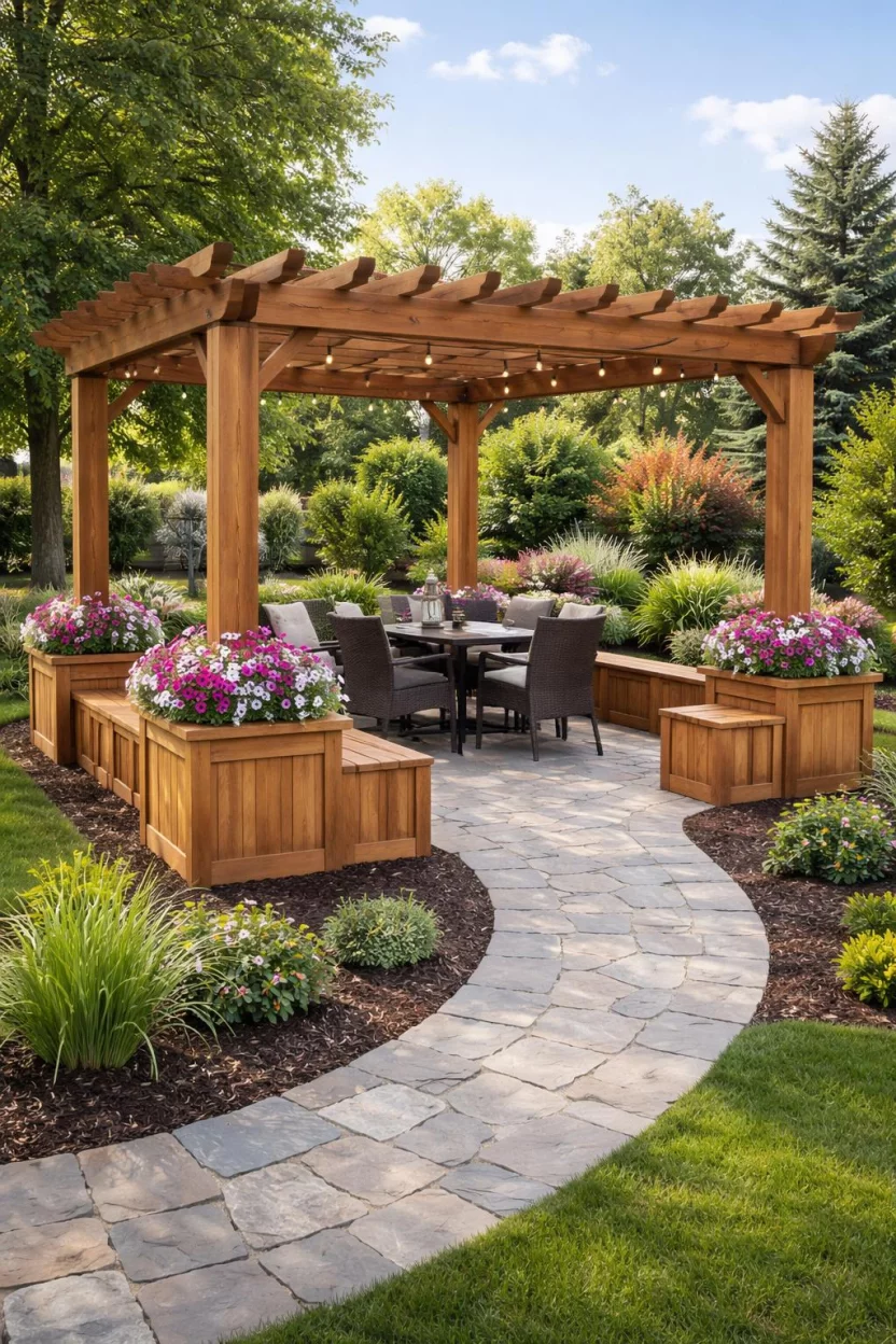 A realistic photo of an American home's backyard showcasing a wooden pergola where the support posts are built into large square wooden planters with built-in bench seating connecting them, colorful petunias in the pots, and a stone path.