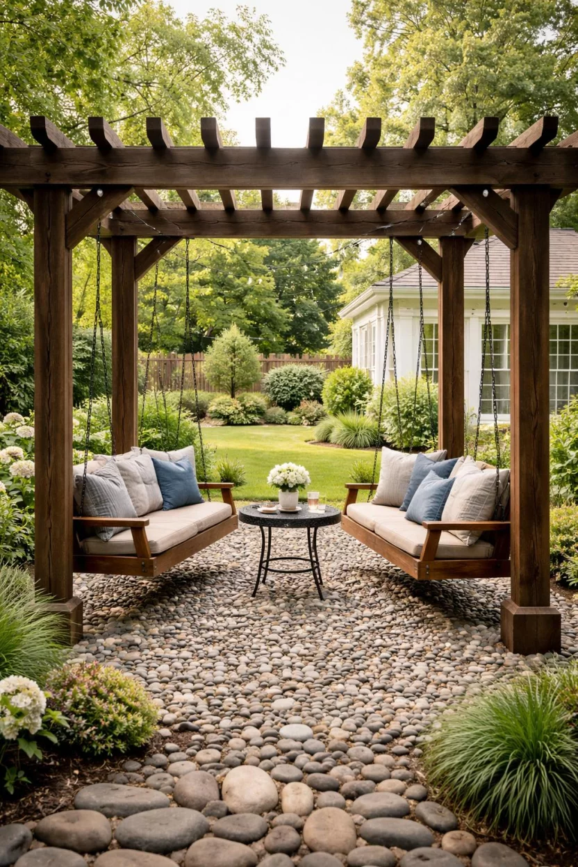 A realistic photo of an American home's backyard with a sturdy dark oak pergola supporting two hanging wooden porch swings, plush outdoor pillows on the swings, a small round table between them, and a floor made of smooth river rocks.