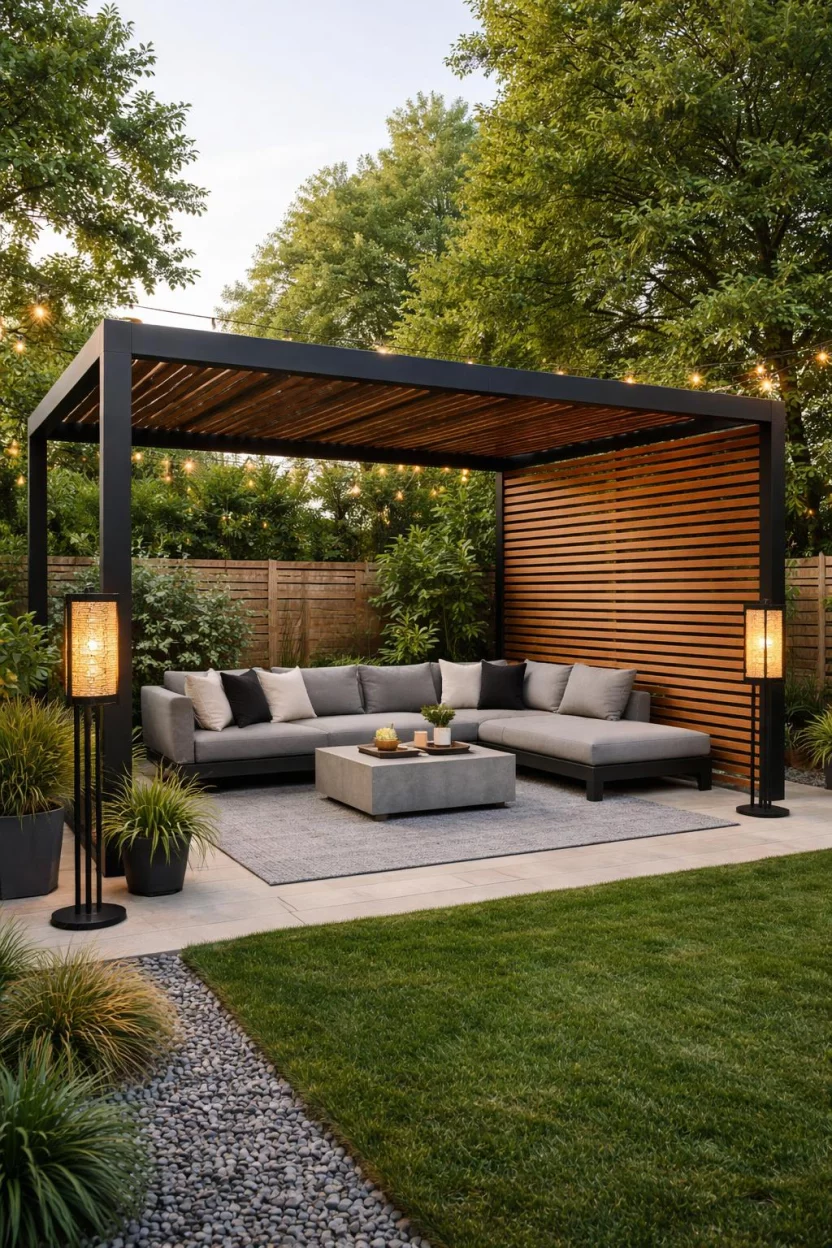 A realistic photo of an American home's backyard featuring a contemporary horizontal slat pergola with one side wall completely filled in with matching wood slats for privacy, a low profile gray sectional sofa underneath, and trendy outdoor floor lamps.