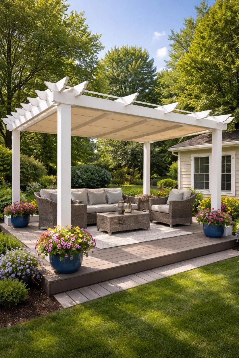 A realistic photo of an American home's backyard with a white wooden pergola featuring a beige retractable sliding canvas shade system on top, stainless steel tension cables, comfortable wicker seating underneath, and colorful potted flowers at the corners of the deck.