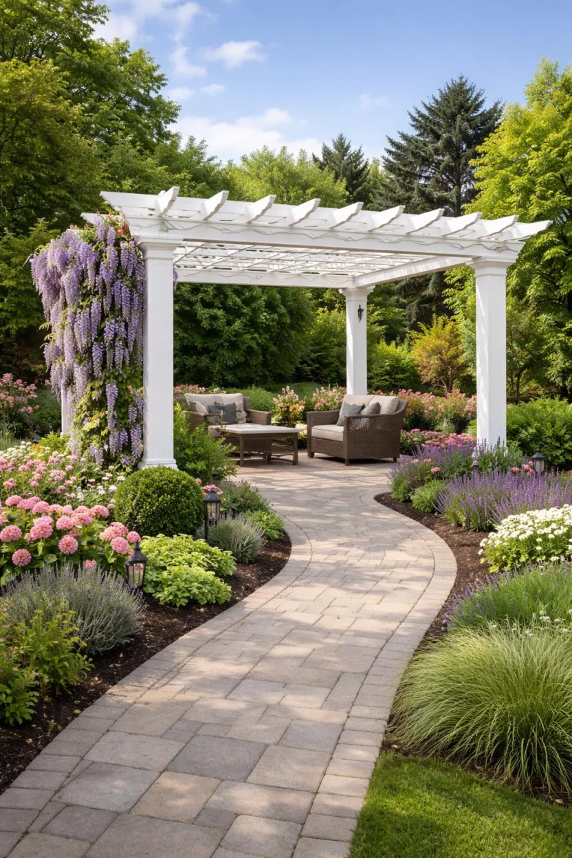 A realistic photo of an American home's backyard highlighting a bright white vinyl pergola with decorative caps on the posts, an intricate lattice roof, a blooming purple wisteria vine growing up the side, and a manicured garden path leading to the structure.