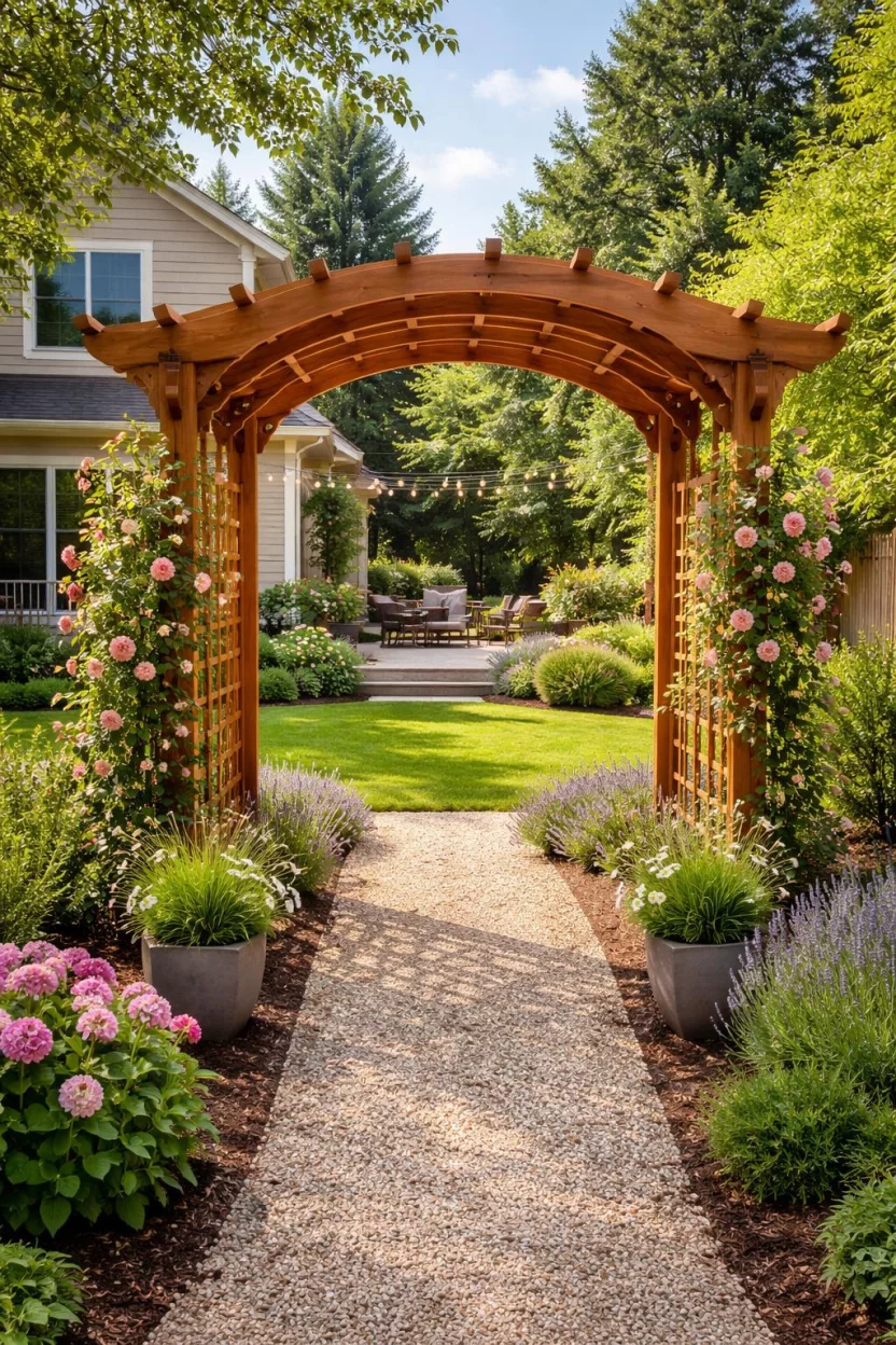 A realistic photo of an American home's backyard showing a freestanding cedar pergola with a gently curved arched roof, decorative scrollwork on the ends of the runners, a gravel path leading underneath, and rose bushes climbing the trellis sides.