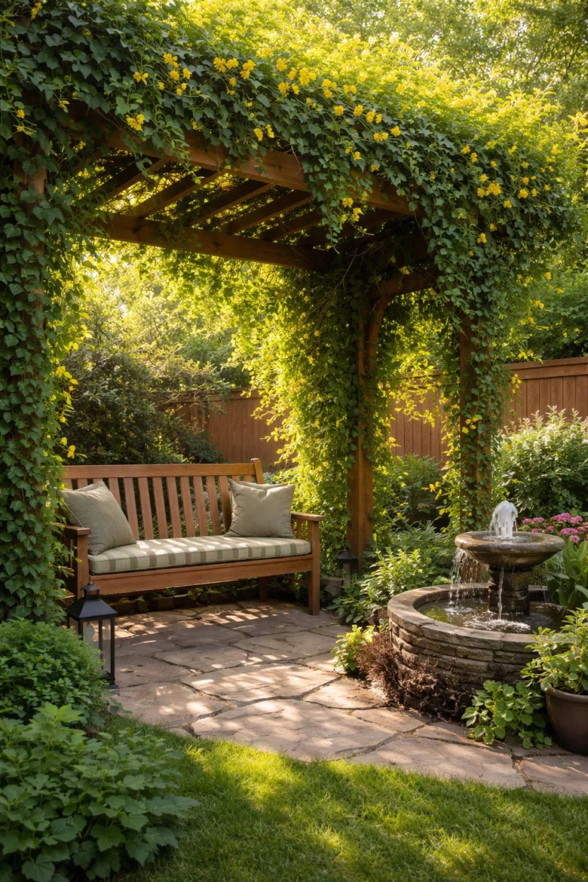 A realistic photo of an American home's backyard with a wooden pergola completely covered in thick green climbing ivy and yellow jasmine flowers, soft light filtering through the leaves onto a wooden bench, and a small bubbling water fountain in the corner.