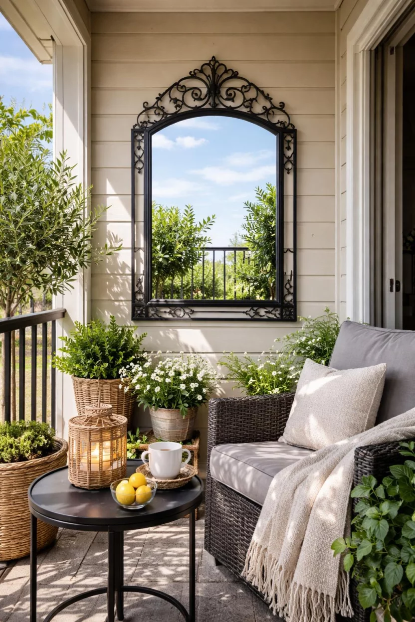 A realistic photo of an American home's tiny balcony with a large ornate black metal framed mirror hanging on the wall reflecting the sky and some green potted plants.