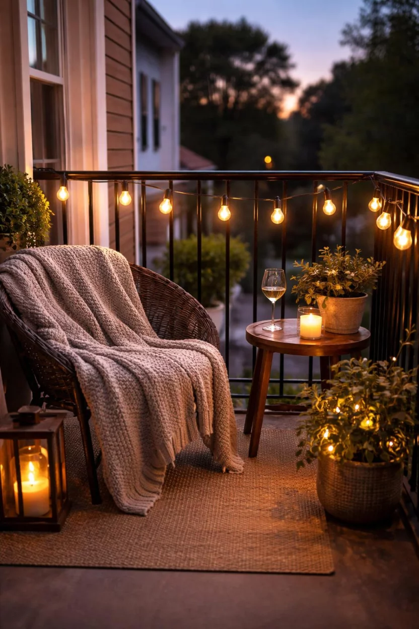 A realistic photo of an American home's tiny balcony at dusk decorated with warm glowing solar edison bulb string lights draped across the black iron railing and a cozy grey knit blanket draped over a chair.