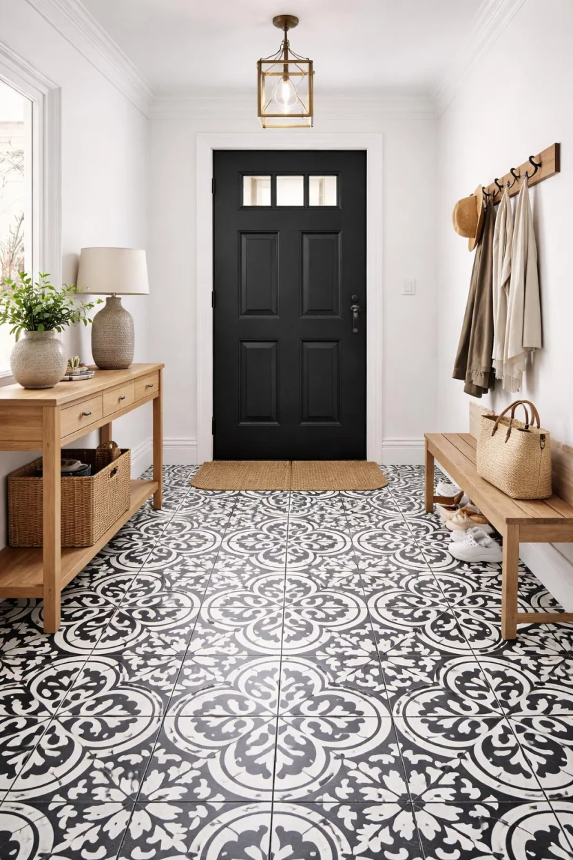 A realistic photo of an entryway with black and white patterned encaustic floor tiles leading up to a simple black wooden front door.