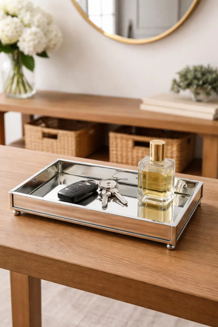 A realistic photo of an entryway featuring a rectangular mirrored tray on a wooden table holding a set of keys and a small bottle of perfume.