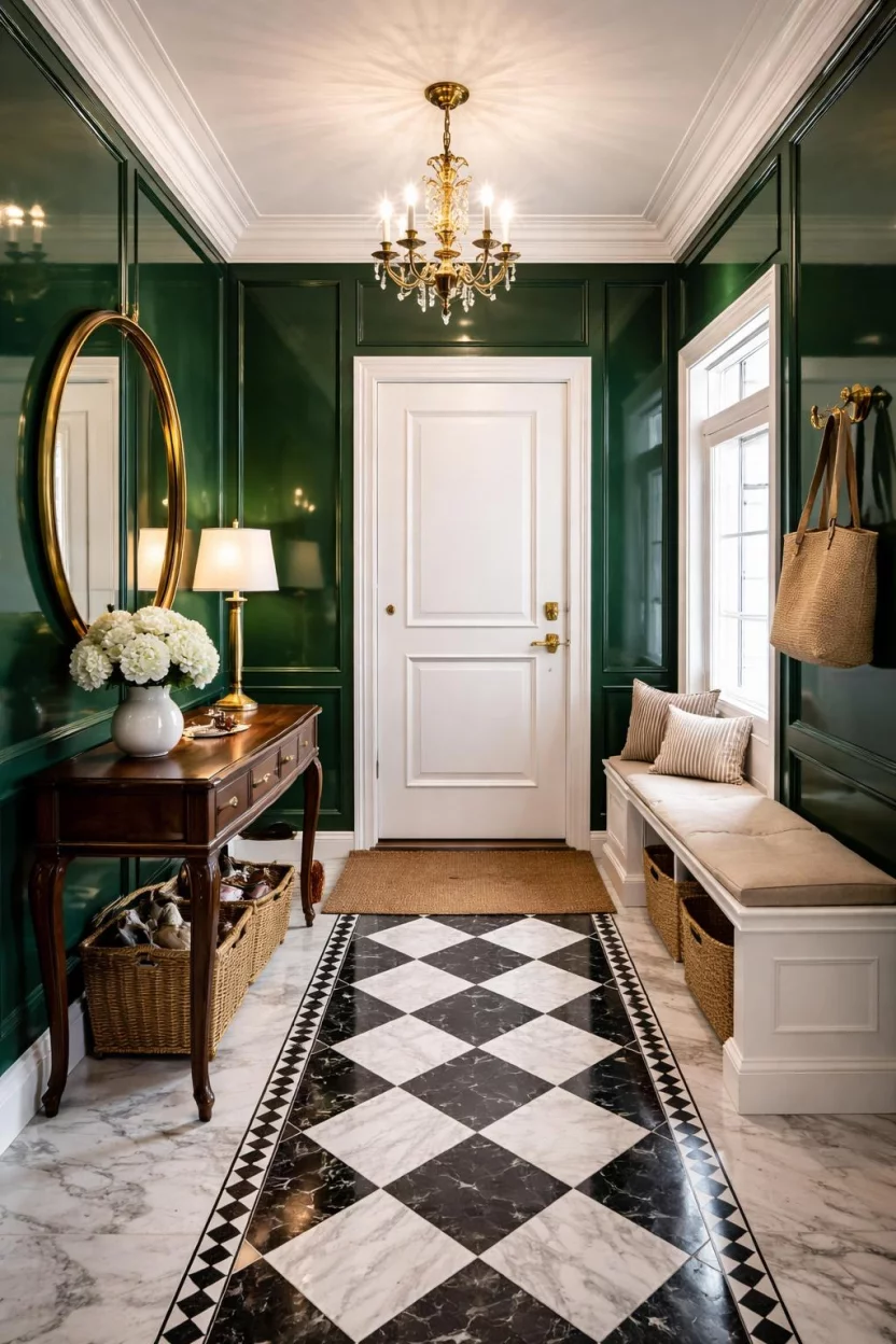 A realistic photo of an entryway with walls painted in a high gloss deep emerald green reflecting the light from a small brass chandelier.
