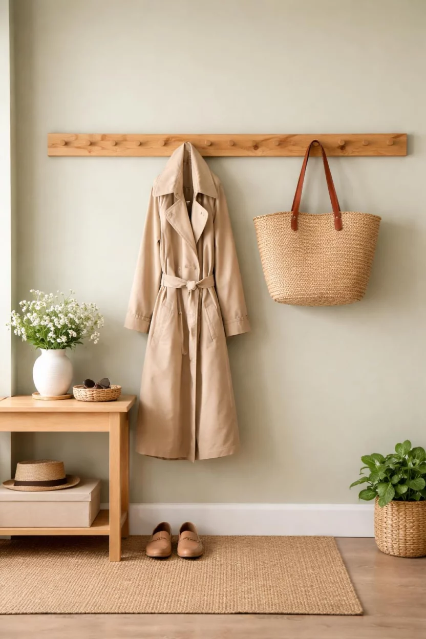 A realistic photo of an entryway showing a long light oak peg rail mounted on a sage green wall holding a tan trench coat and a woven straw tote bag.