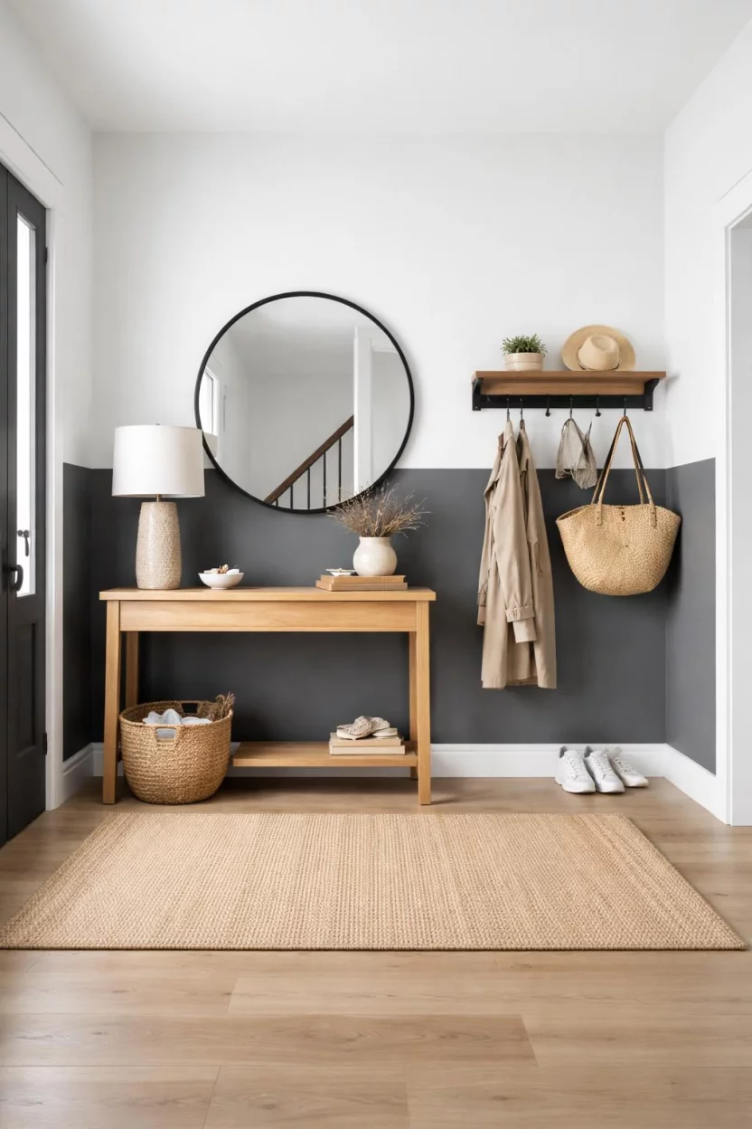 A realistic photo of an entryway with a wall painted in a half and half style with charcoal gray on the bottom and brilliant white on the top.