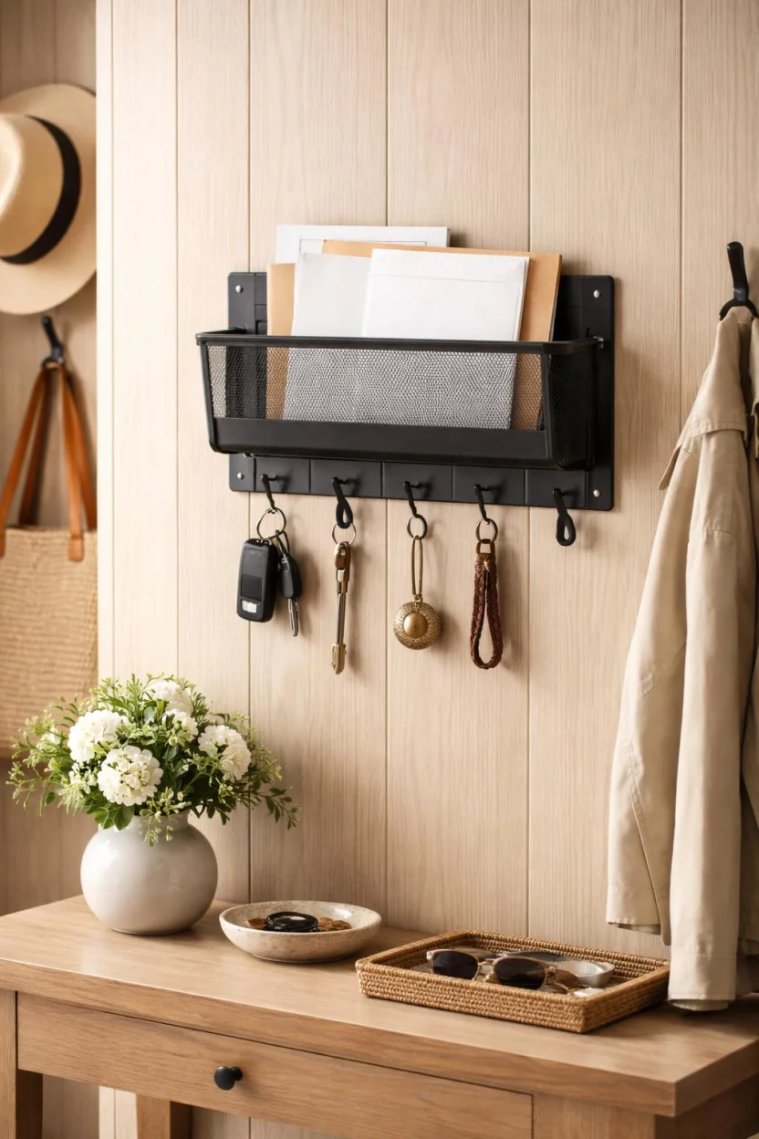 A realistic photo of an entryway with a black metal wall mounted mail sorter that has hooks for keys and a small slot for envelopes on a light wood paneled wall.