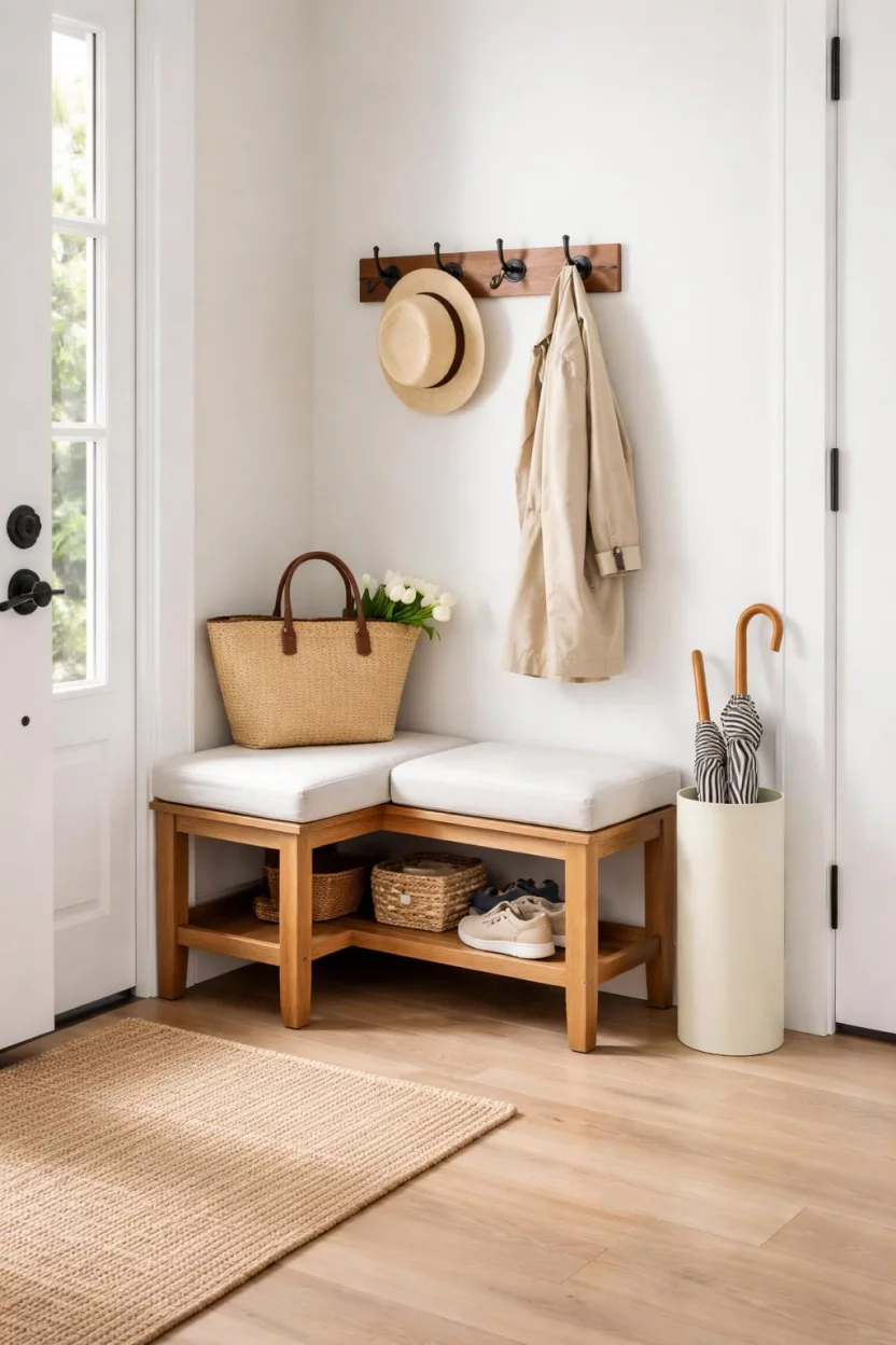 A realistic photo of an entryway showcasing a small wooden corner bench with a white linen cushion tucked into a brightly lit corner next to a cream umbrella stand.