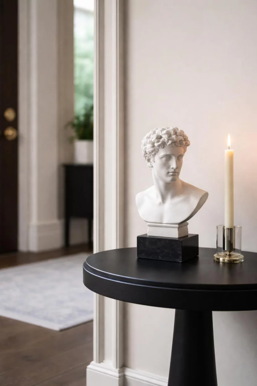 A realistic photo of an entryway with a small white marble bust sculpture sitting on a black pedestal table next to a single tall candle in a glass holder.