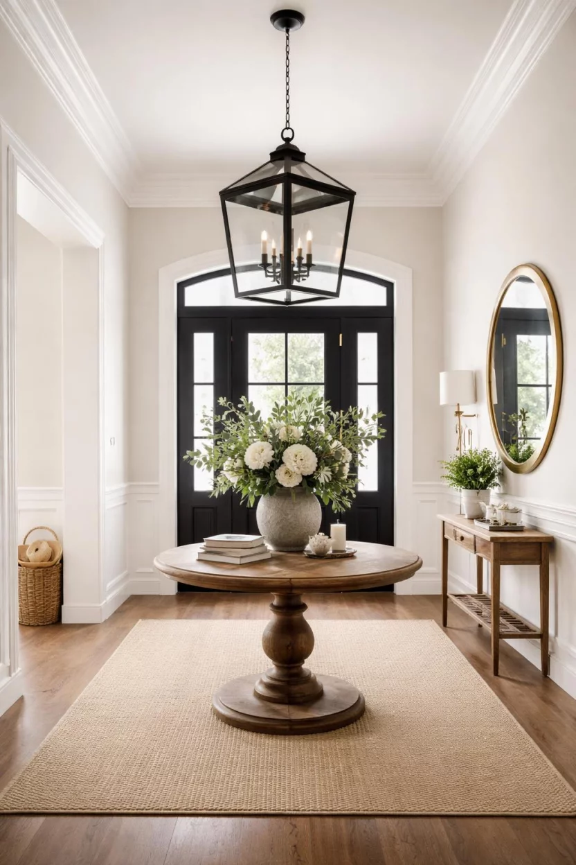 A realistic photo of an entryway featuring a large black metal lantern pendant light hanging from a high ceiling over a small round wooden entry table.