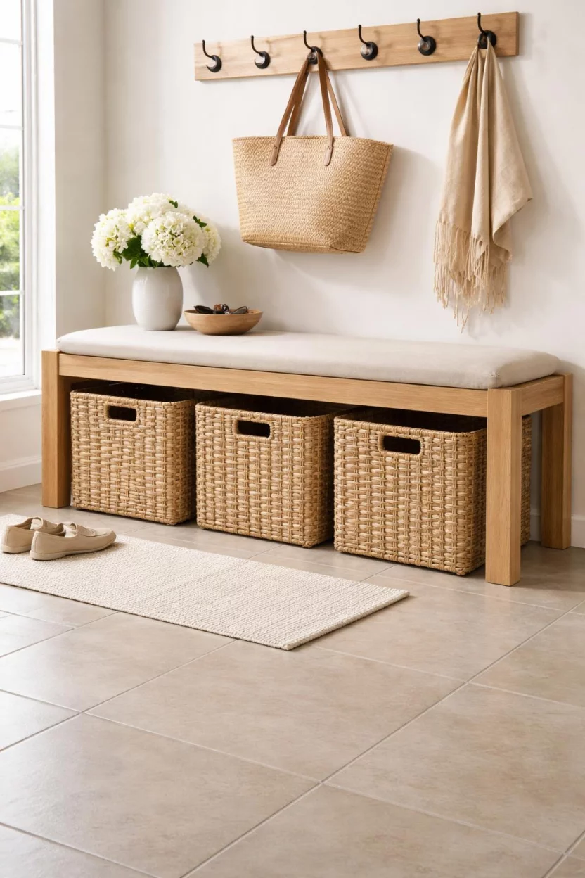 A realistic photo of an entryway with three large square wicker baskets tucked under a light oak bench on a neutral colored tile floor.