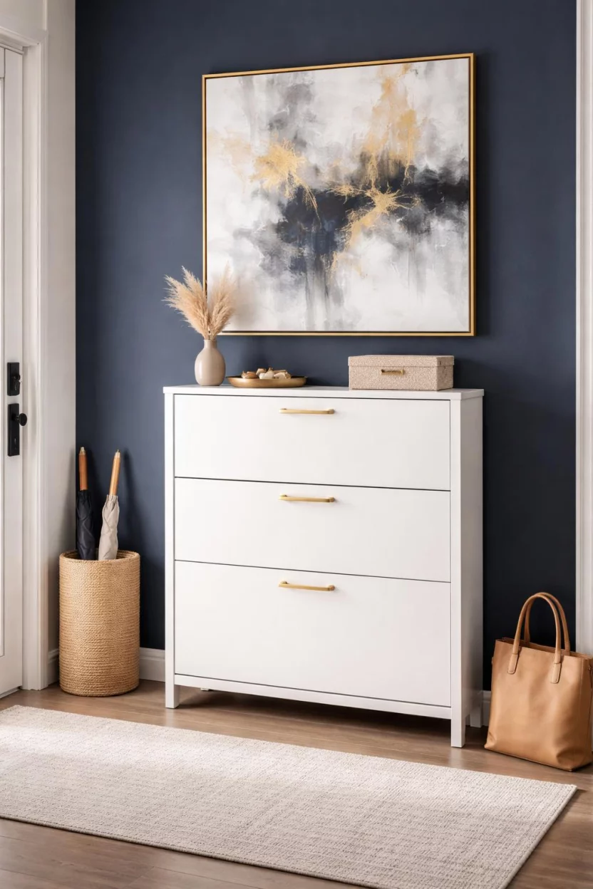 A realistic photo of an entryway featuring a white narrow flip down shoe cabinet with gold handles positioned against a navy blue wall under a piece of modern abstract art.