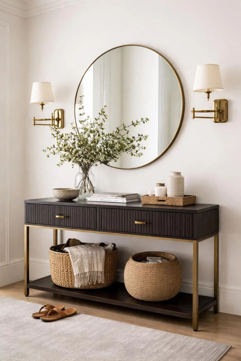 A realistic photo of an entryway with a pair of brass swing arm wall sconces mounted on either side of a large round mirror over a dark wood console.