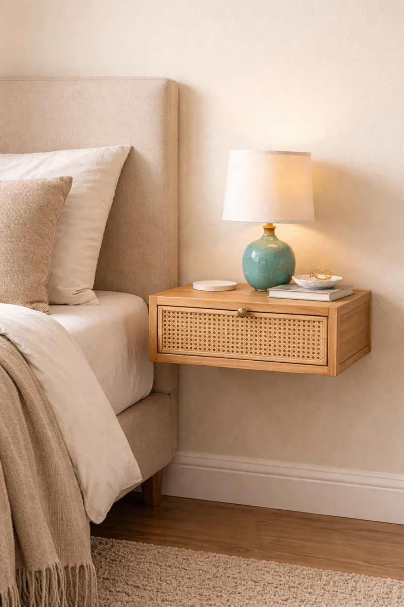 A realistic photo of a bedroom wall with a floating rattan nightstand mounted next to a bed, the nightstand features a woven drawer front, a small turquoise ceramic lamp rests on top, the wall is painted a soft cream color.