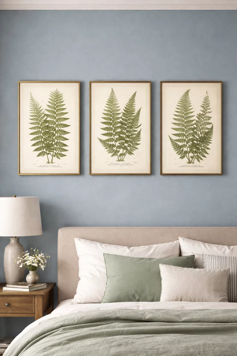 A realistic photo of a bedroom wall with a gallery of three vintage botanical fern prints with green leaves and cream backgrounds, each print is housed in a thin gold metal frame, the wall behind them is a dusty blue.