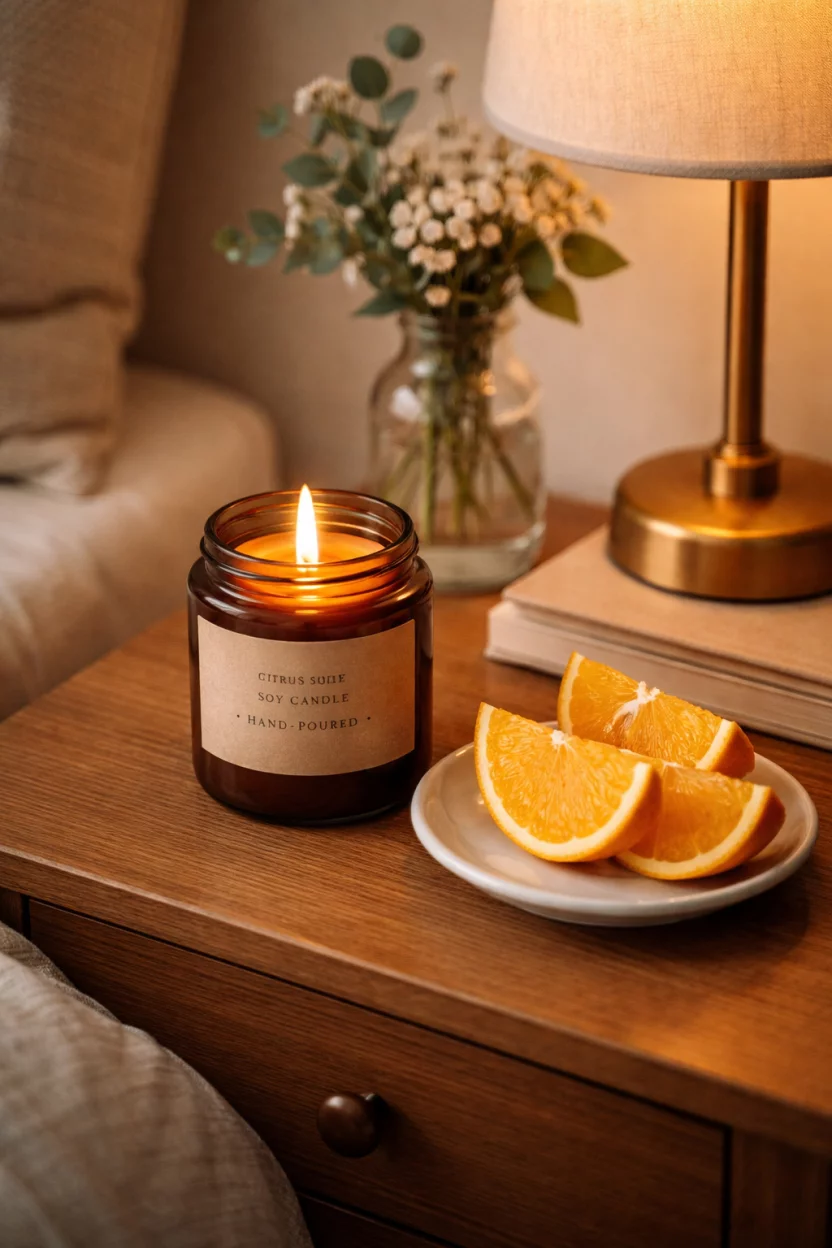 A realistic photo of a bedroom nightstand featuring a citrus scented soy candle in a brown amber jar with a flickering flame, a few fresh orange slices sit on a small white ceramic plate next to the candle.
