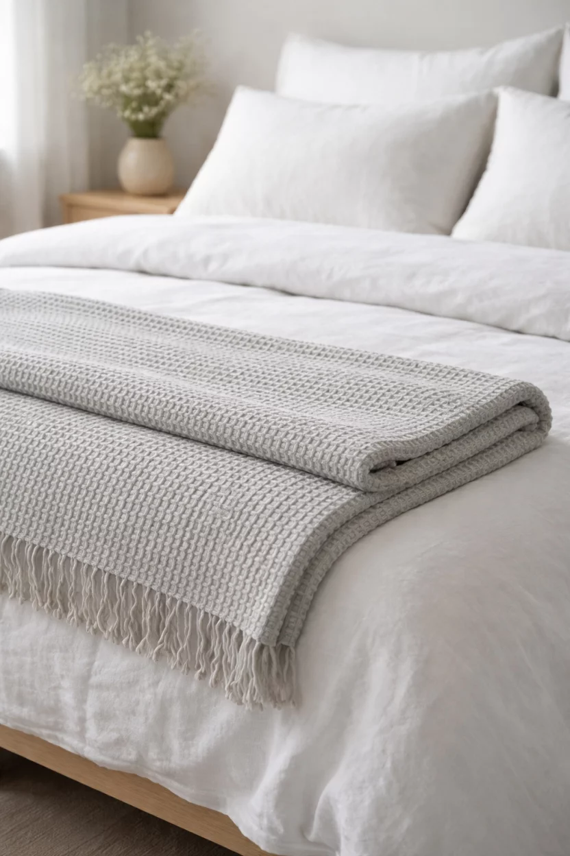 A realistic photo of a bed with a light grey cotton waffle weave blanket neatly folded at the foot, the honeycomb texture of the fabric is clearly visible, the bed is covered in white linen sheets.