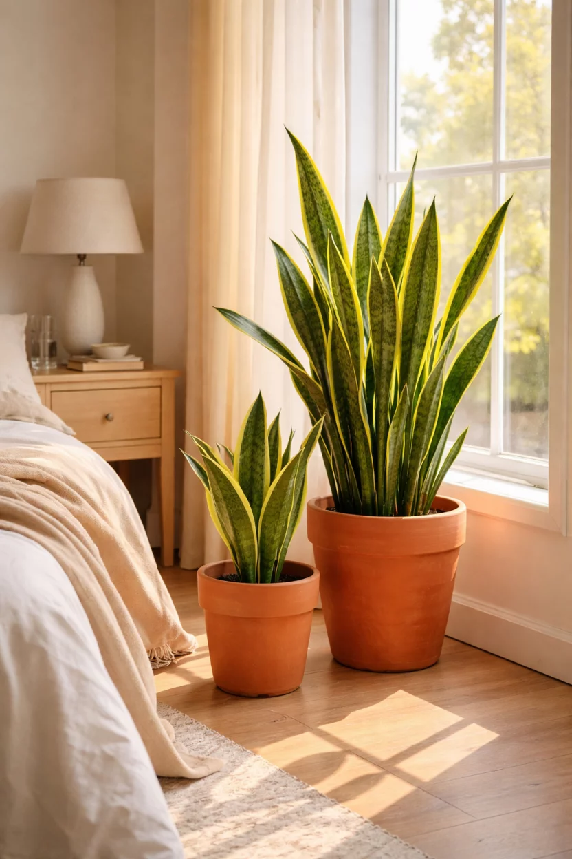 A realistic photo of a bedroom corner with two orange terracotta planters of different sizes containing tall green snake plants, the plants stand near a large window, the morning sun highlights the yellow edges of the leaves.