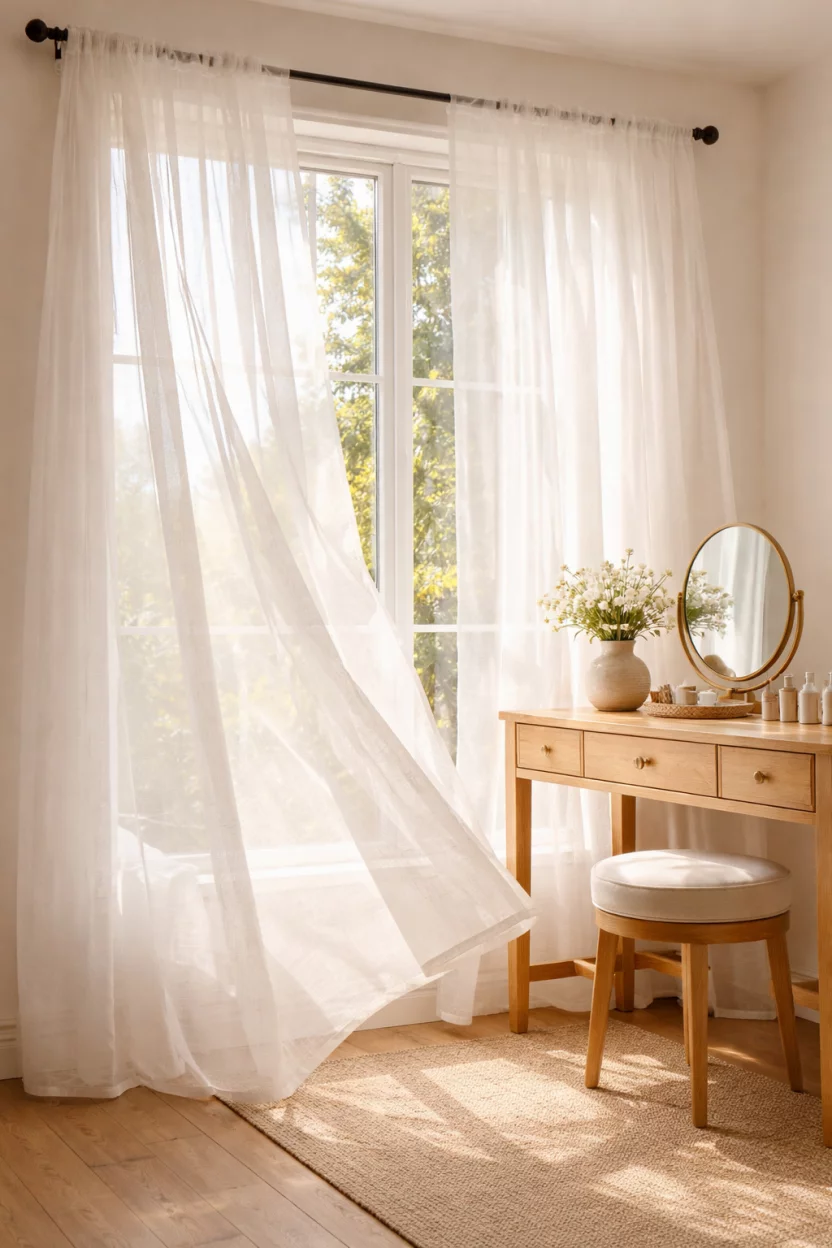 A realistic photo of a bedroom window with sheer white linen curtains blowing gently in a breeze, a black metal curtain rod holds the fabric, bright sunlight filters through the semi-transparent material illuminating a nearby oak vanity desk.