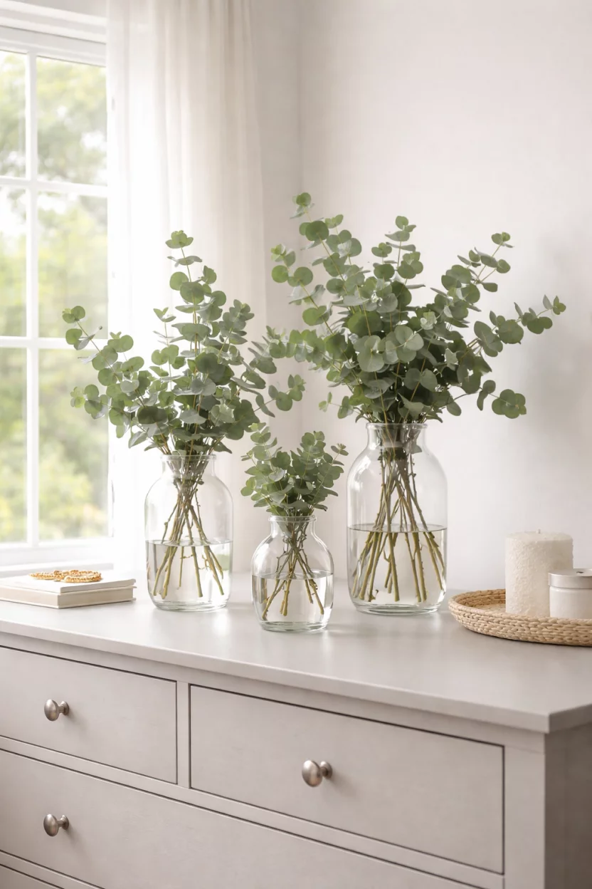 A realistic photo of a bedroom dresser containing three various sized clear glass vases filled with fresh green eucalyptus stems, the dresser is a light grey color, a large window provides soft natural light.