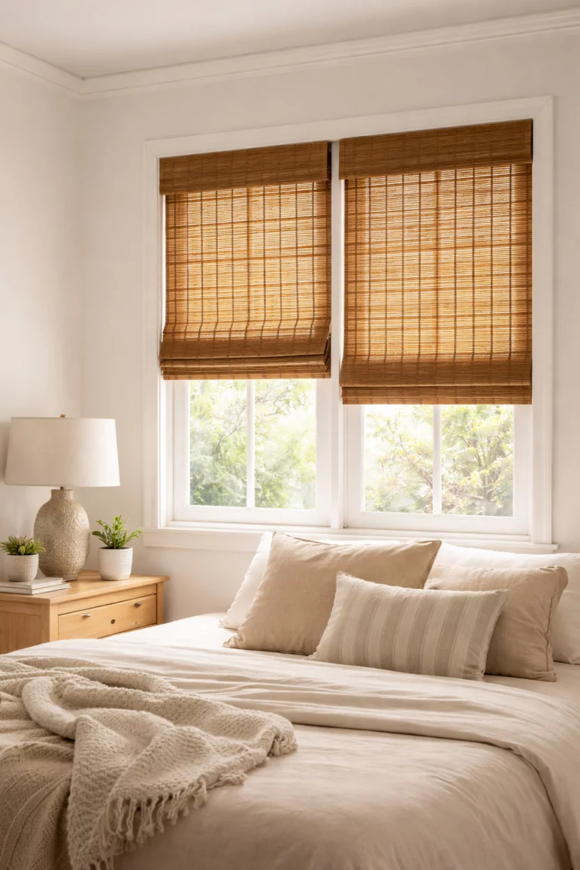 A realistic photo of a bedroom window with brown bamboo roman shades partially lowered, the sunlight filters through the gaps in the bamboo, the walls are painted a clean eggshell white.