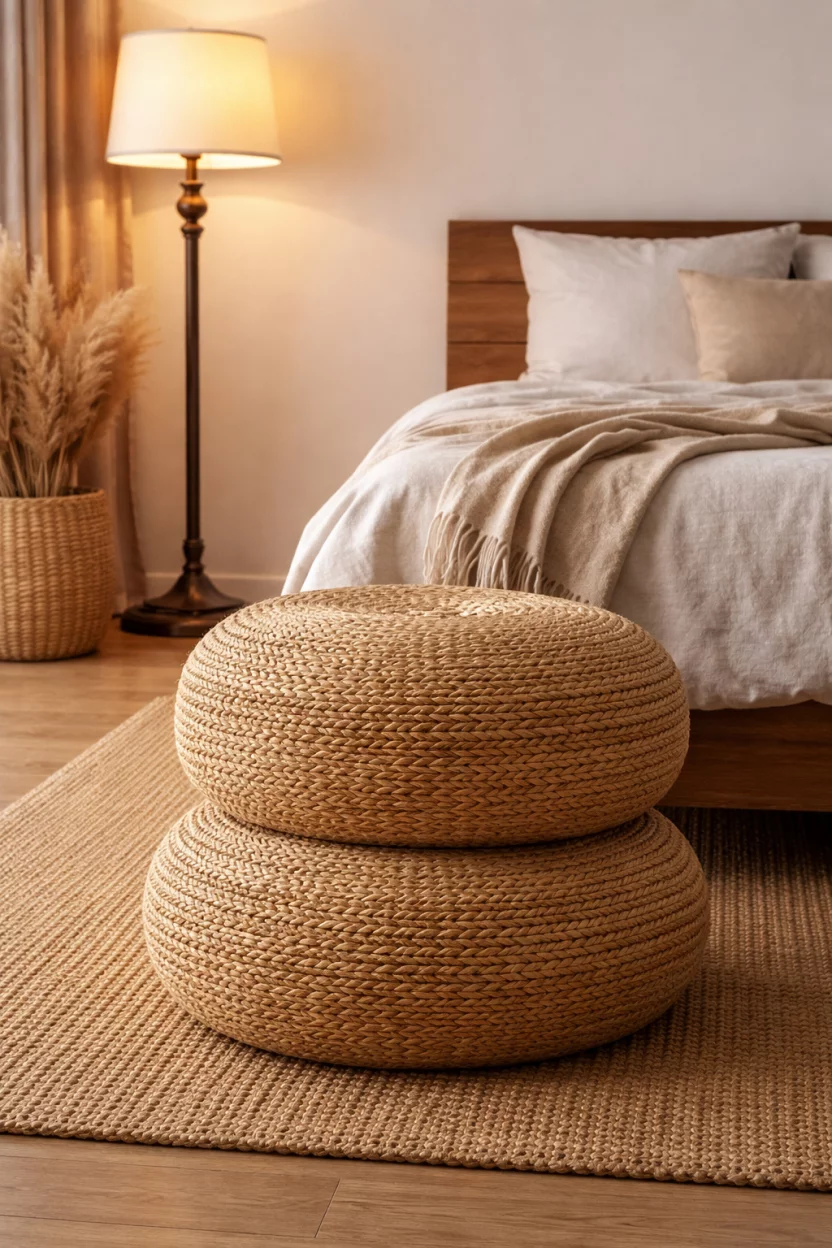 A realistic photo of a bedroom floor with two large round tan jute poufs stacked near the foot of the bed, the rough texture of the natural jute is visible, a nearby floor lamp is made of dark bronze.
